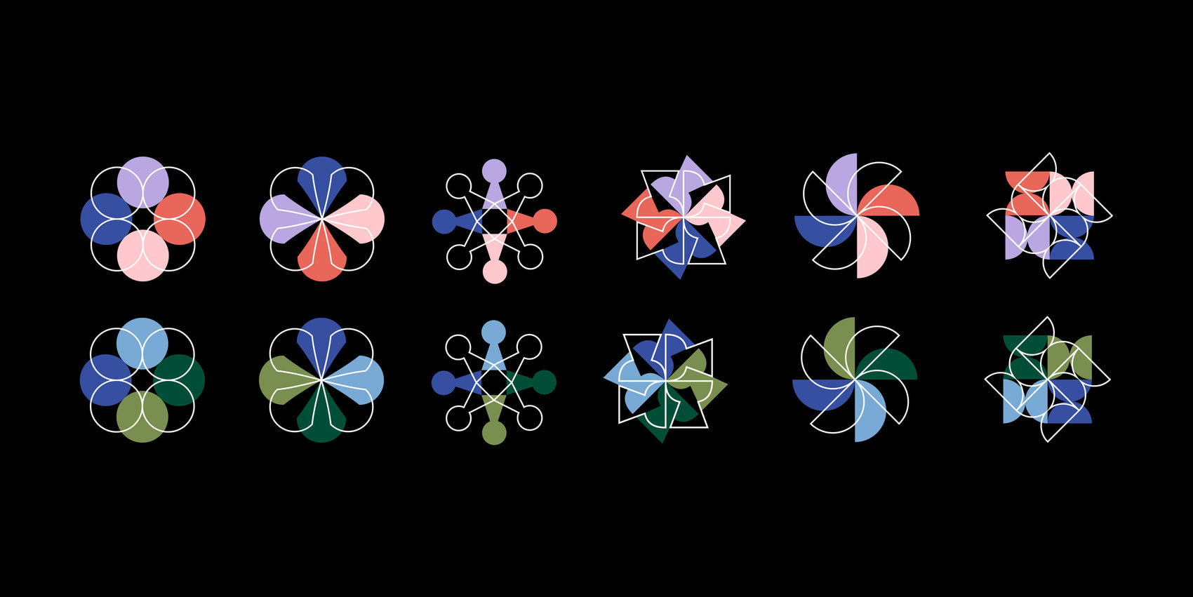 Copywriter rebranding case study shows some of the Sarah Stanford icon assets on a black background. They combine line and block coloured elements with a mid-century design aesthetic in two colourways- multi and cool toned. 