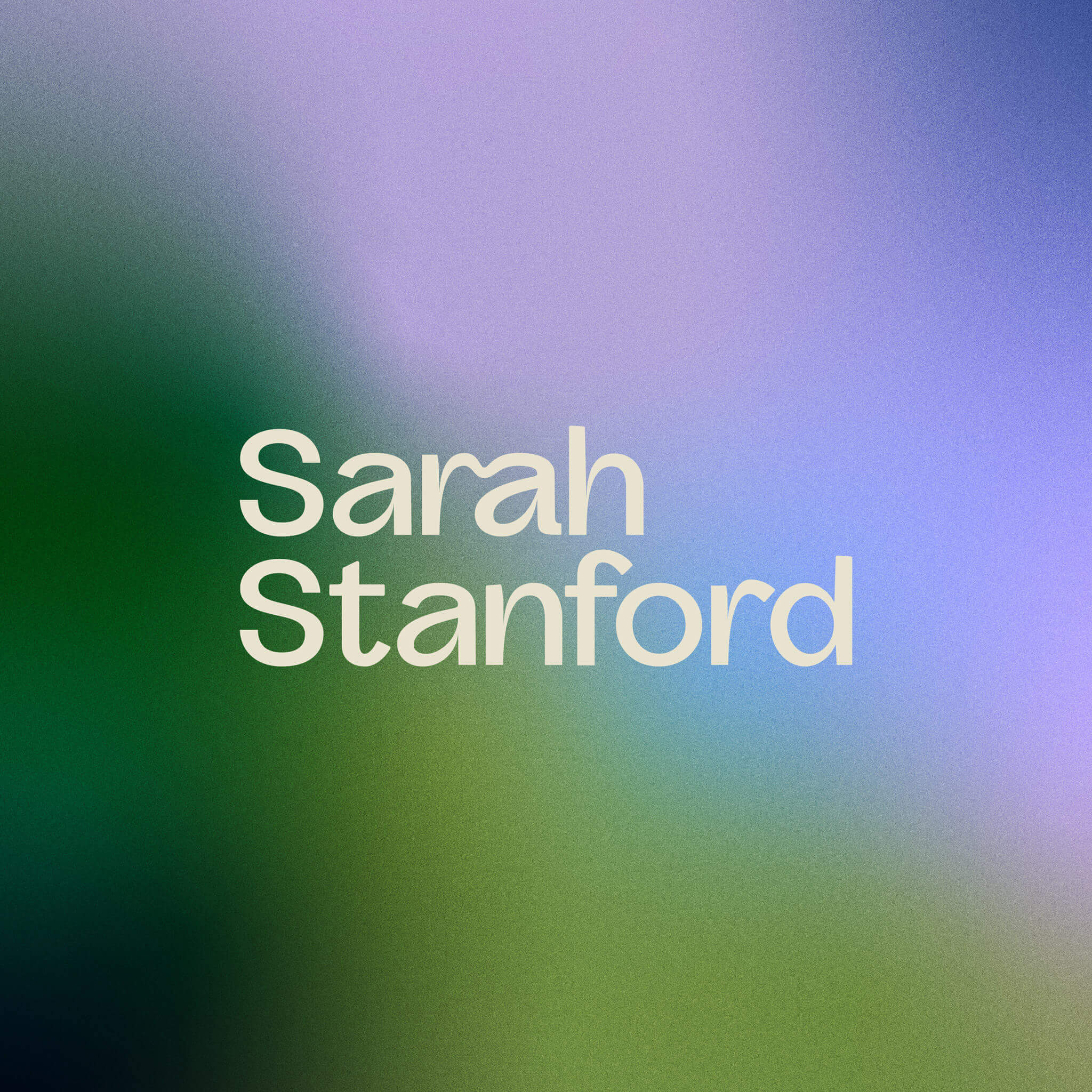 Rebranding case study image for copywriter Sarah Stanford showing the sans serif copywriter logo on a purple and green gradient background