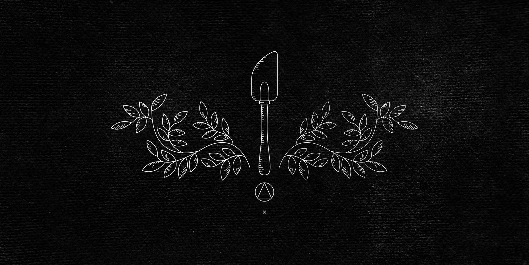 Skincare rebranding case study image for the Soap Cult Australia soap design. A textured black banner with fine white illustration of spatula and laurels. It has the appearance of a secret society insignia.