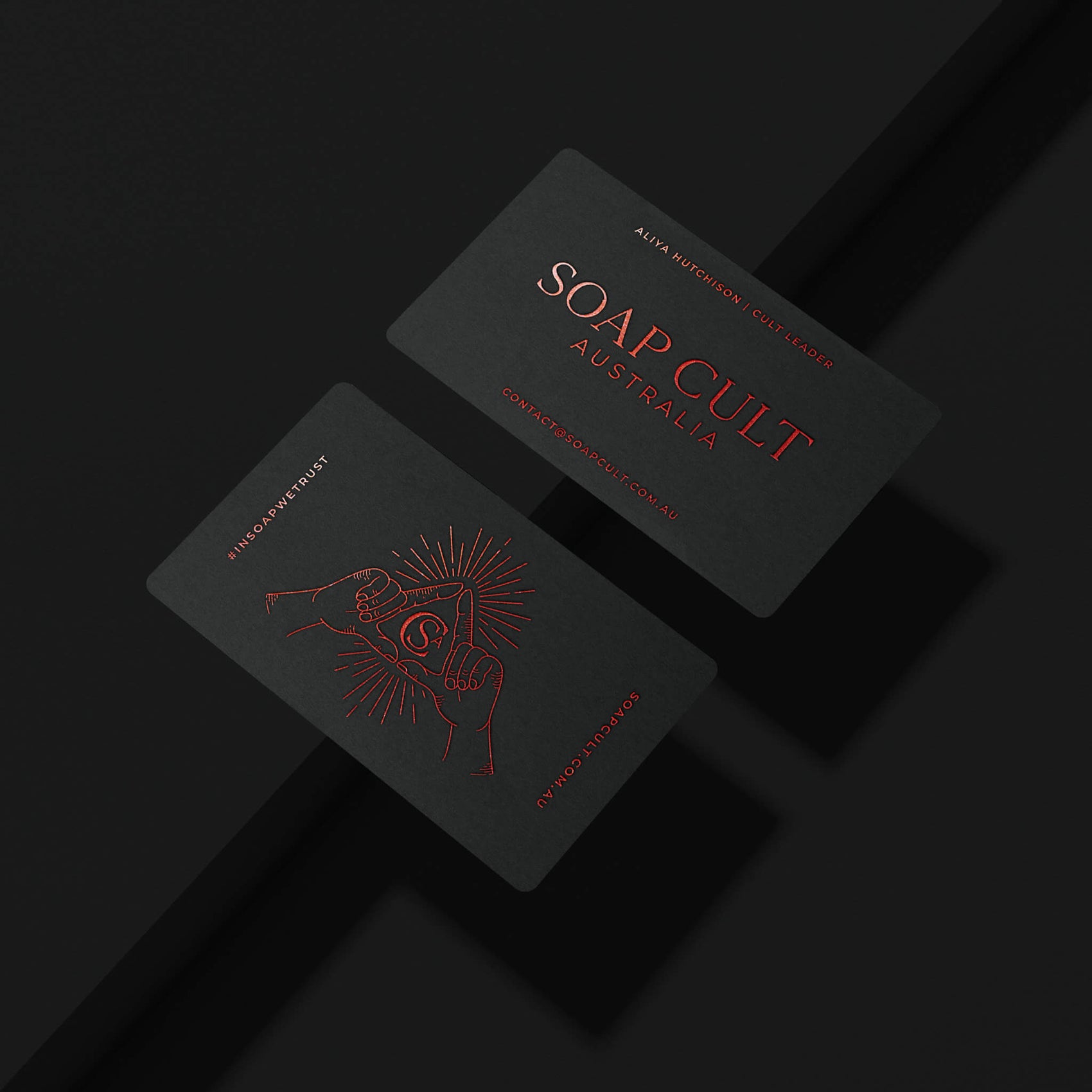 Soap Cult Australia business cards as the thumbnail of my brand design portfolio. The cards are a black stock and feature red metallic foiling. 