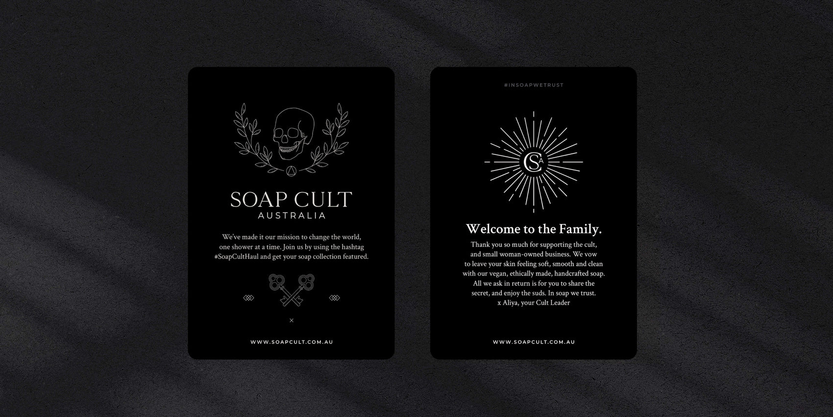 Personal care brand design portfolio image of the Soap Cult Australia welcome cards that are sent out in orders. The cards feature dark brand illustrations and information about the product range. 