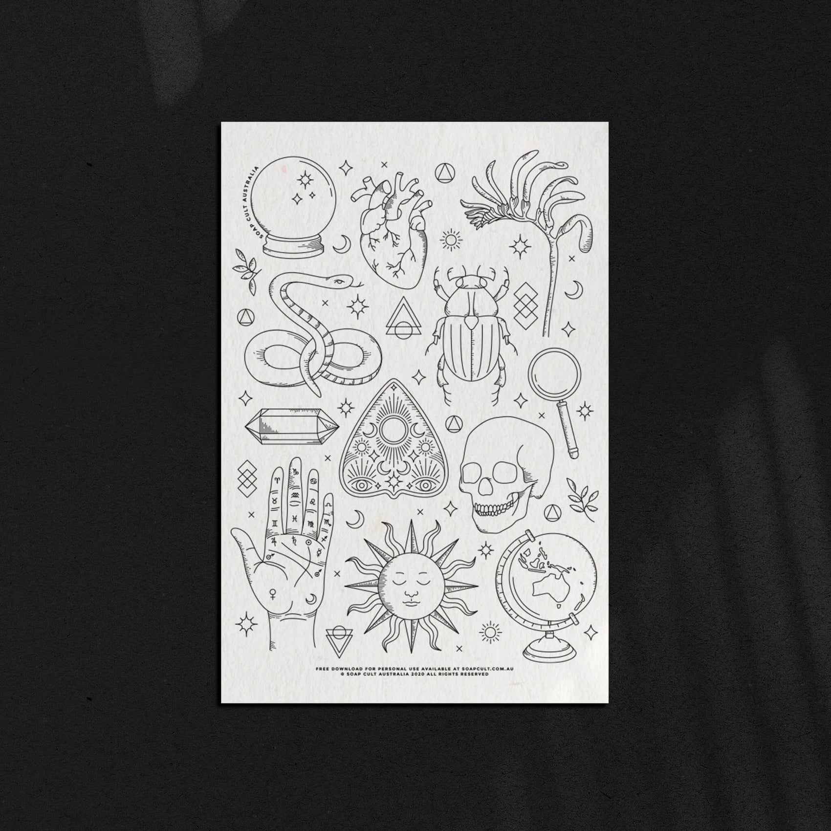 Brand identity case study image of the Soap Cult Australia downloadable colouring-in page. The white sheet features custom brand iconography like a snake, skull, palm, planchette and globe. 