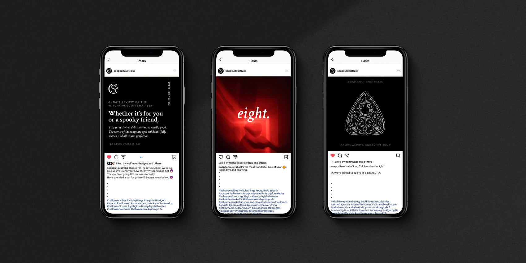 Rebranding case study image of Soap Cult Australia social media graphics on three mobile phones in a black background. The images feature minimal design style and a dark aesthetic. 