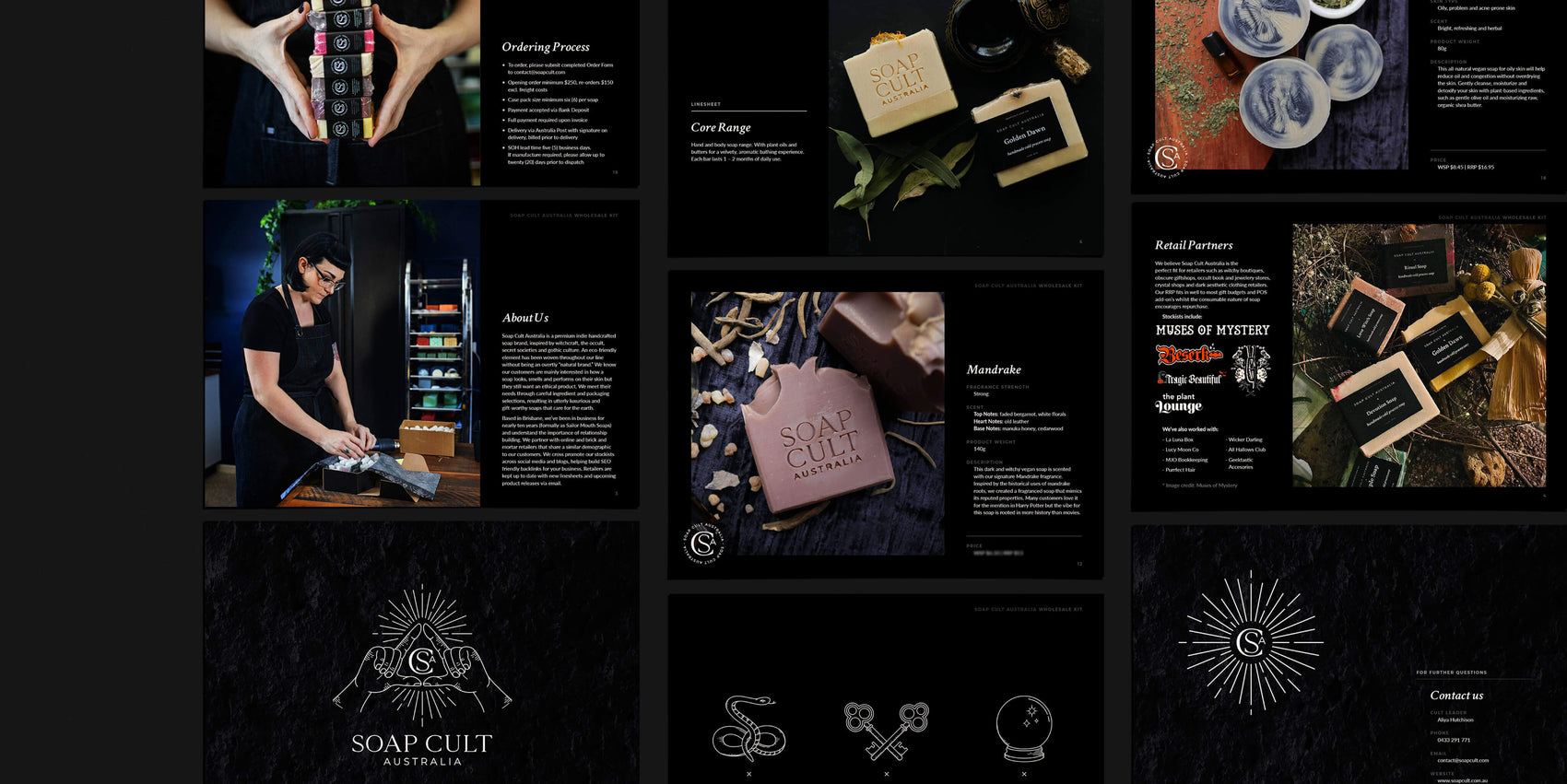 Skincare brand identity examples image of the Soap Cult Australia wholesale pdf kit. The document design features a dark aesthetic, high end product imagery and brand illustrations. 