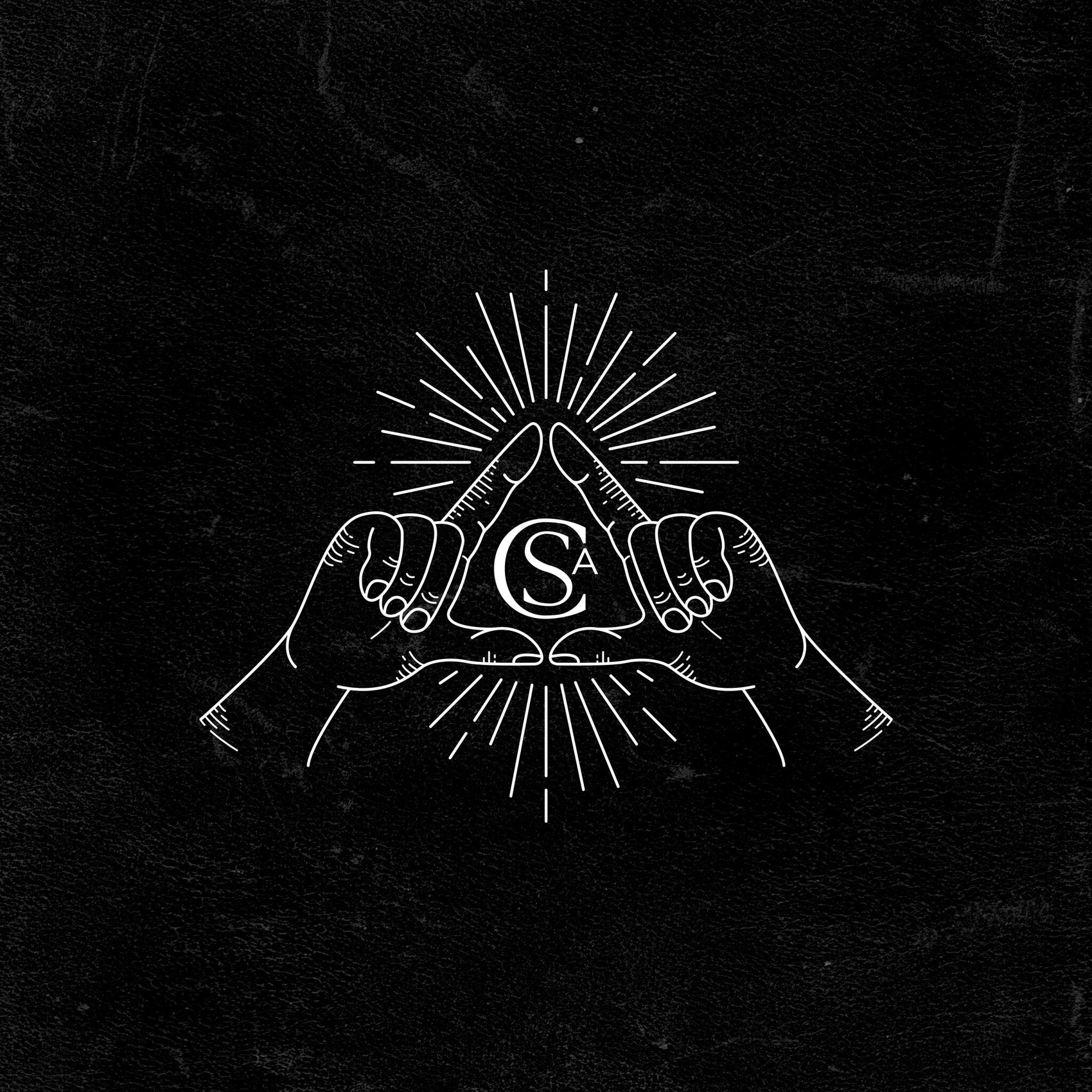 Dark brand identity case study of soap maker Soap Cult Australia. On a black background the full brand sea appears with two hands making a triangle around the monogram, lines radiating out. 