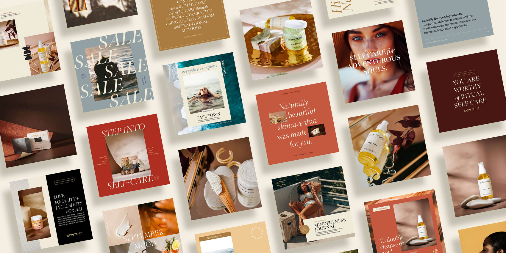 Soap branding case study image of the Sonture custom social media designs. The large array of graphics feature the spice-inspired colour palette, high end photography and sharp, elegant typography. 