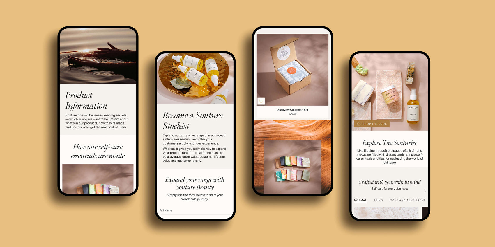 Candle branding case studies image of Sonture custom shopify website content pages on four iphones on an apricot coloured background. The pages show product, text and collection modules. 