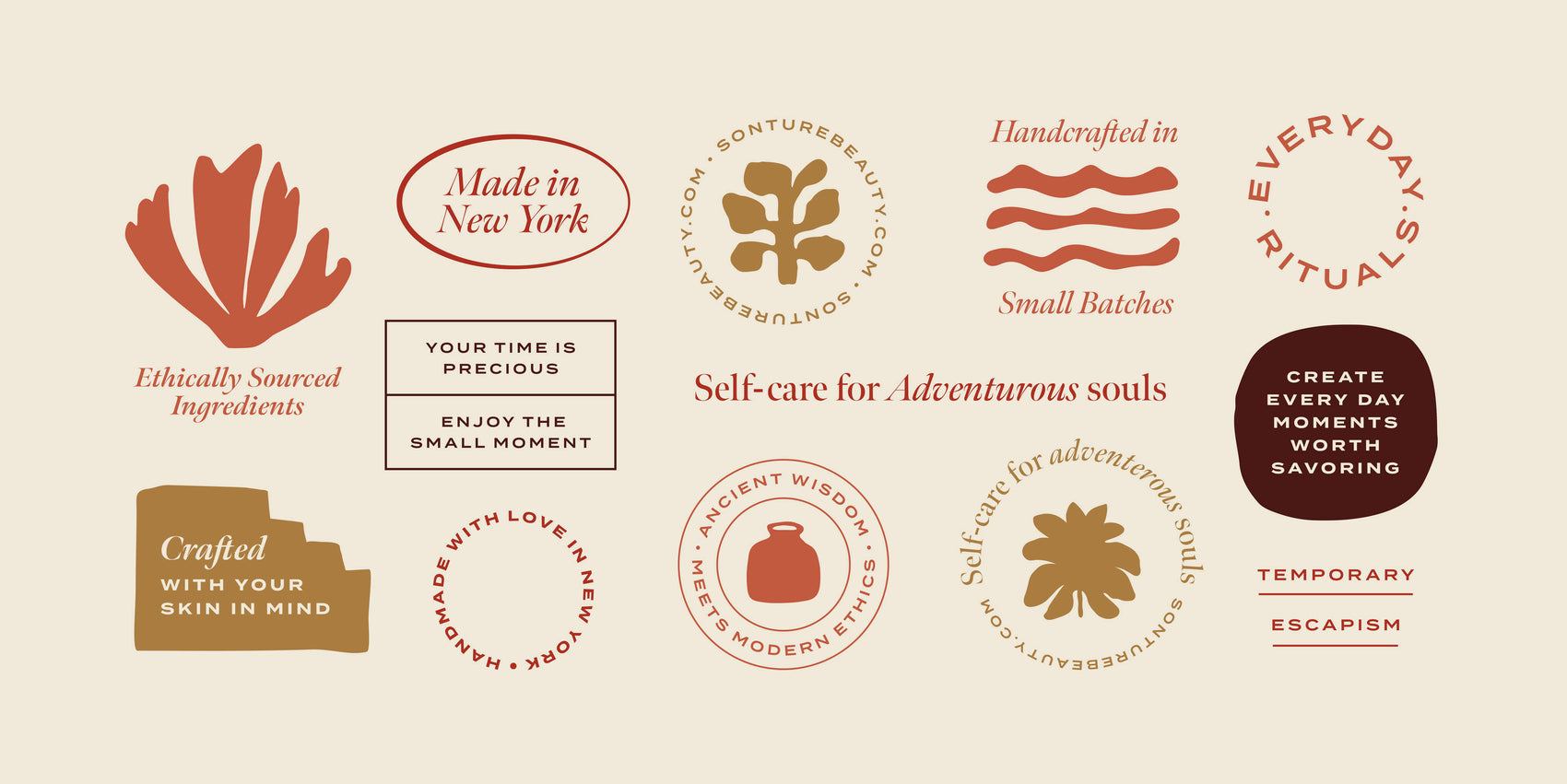 Soap brand identity case study image of the Sonture soap branding supporting logos. Styled to look like vintage passport stamps, the warm colour palette and textured illustration feels tactile and elegant. 