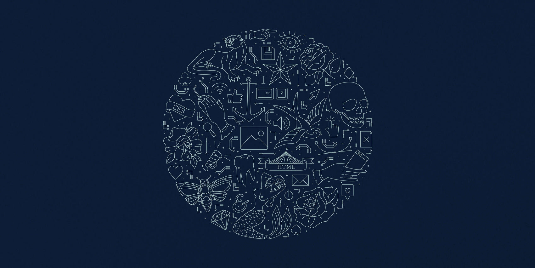 Agency branding case studies image of the Strong Digital brand illustration in white on a navy background. The line illustrations are formed in a circle and feature technological elements with traditional tattoo imagery in the form of monoline illustration. 