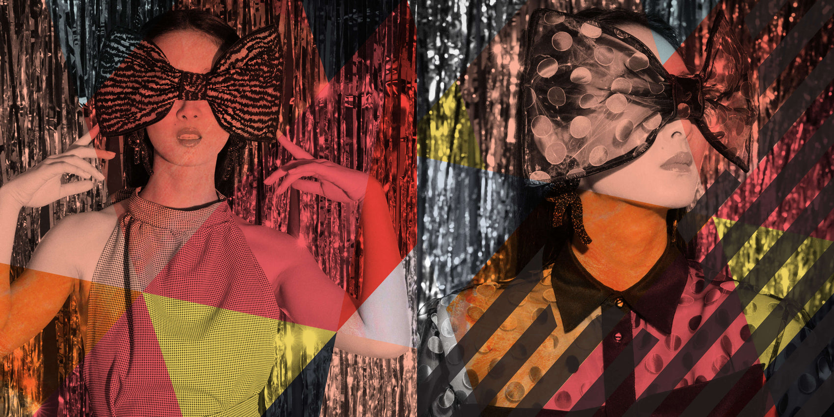 Fashion brand design portfolio of core images for Start-up and Stand Out workbook. Two vibrant collages of a woman in front of a tinsel wall appear with geometric red, yellow and grey shapes across her. 