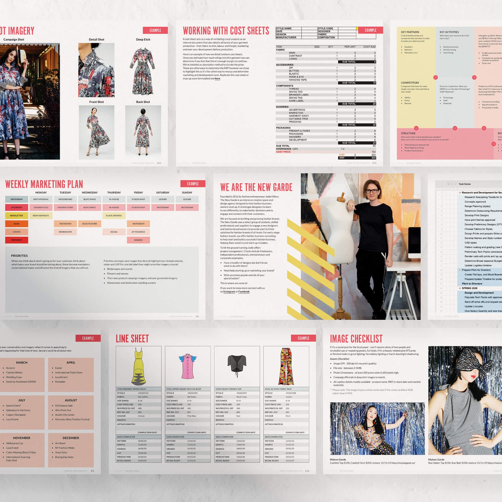 Brand design example case study images of the Start-up and Stand Out workbook. On a white background sits many pages from the fashion designer resource.