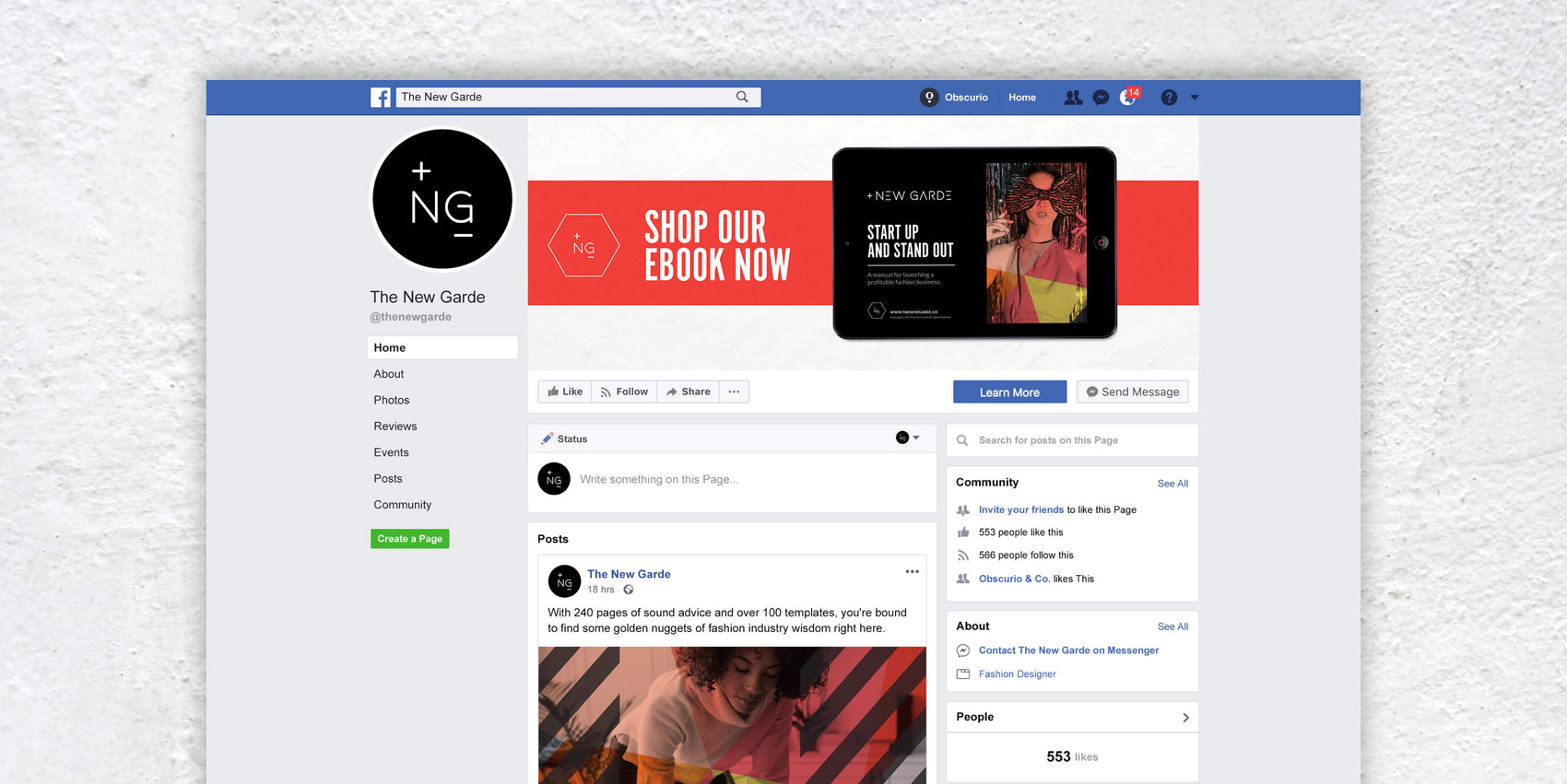 Brand identity case study image for marketing of Start-up and Stand Out workbook. A facebook profile shows bold red as part of a campaign.  