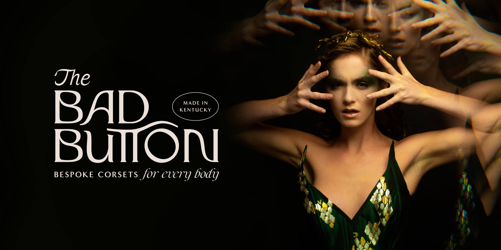 Fashion rebranding case study thumbnail image for The Bad Button. The curvy art-nouveau inspired logotype sits on a dark background with a woman in a green corset posing, refracting images of her around. 
