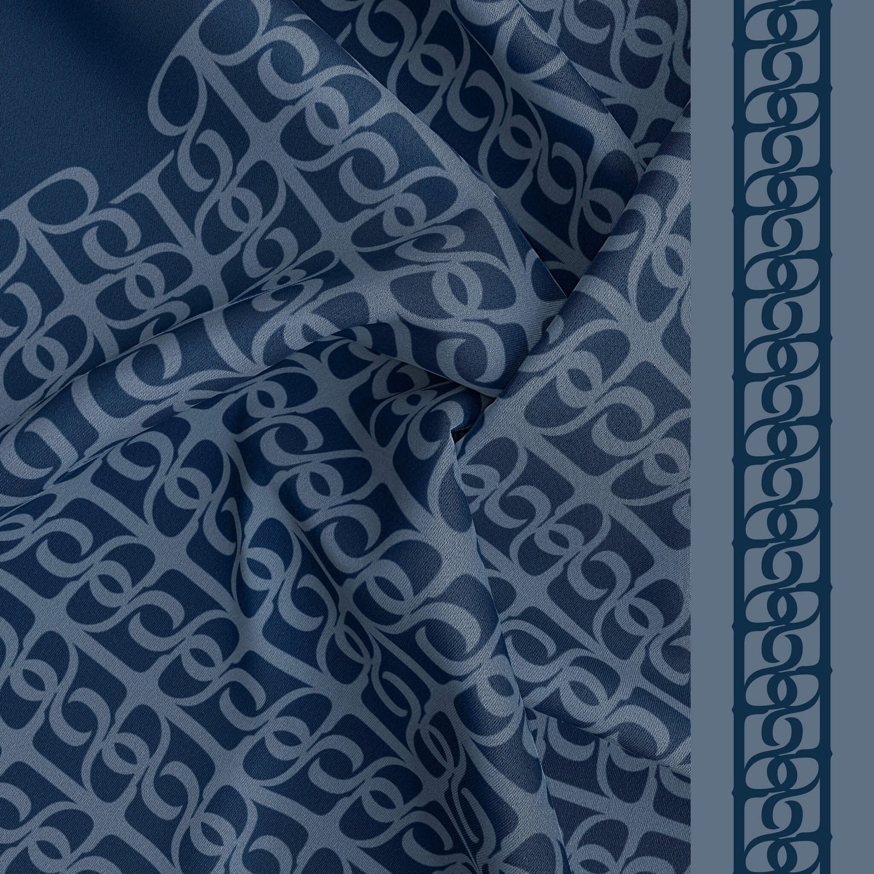 Rebranding case study image of one of the new The Bad Button brand patterns. The brand icon of interlocking ‘B’s is combined into an intricate pattern reminiscent of a wrought iron gate, the deep blue and dusty blue making for a subtle combination.