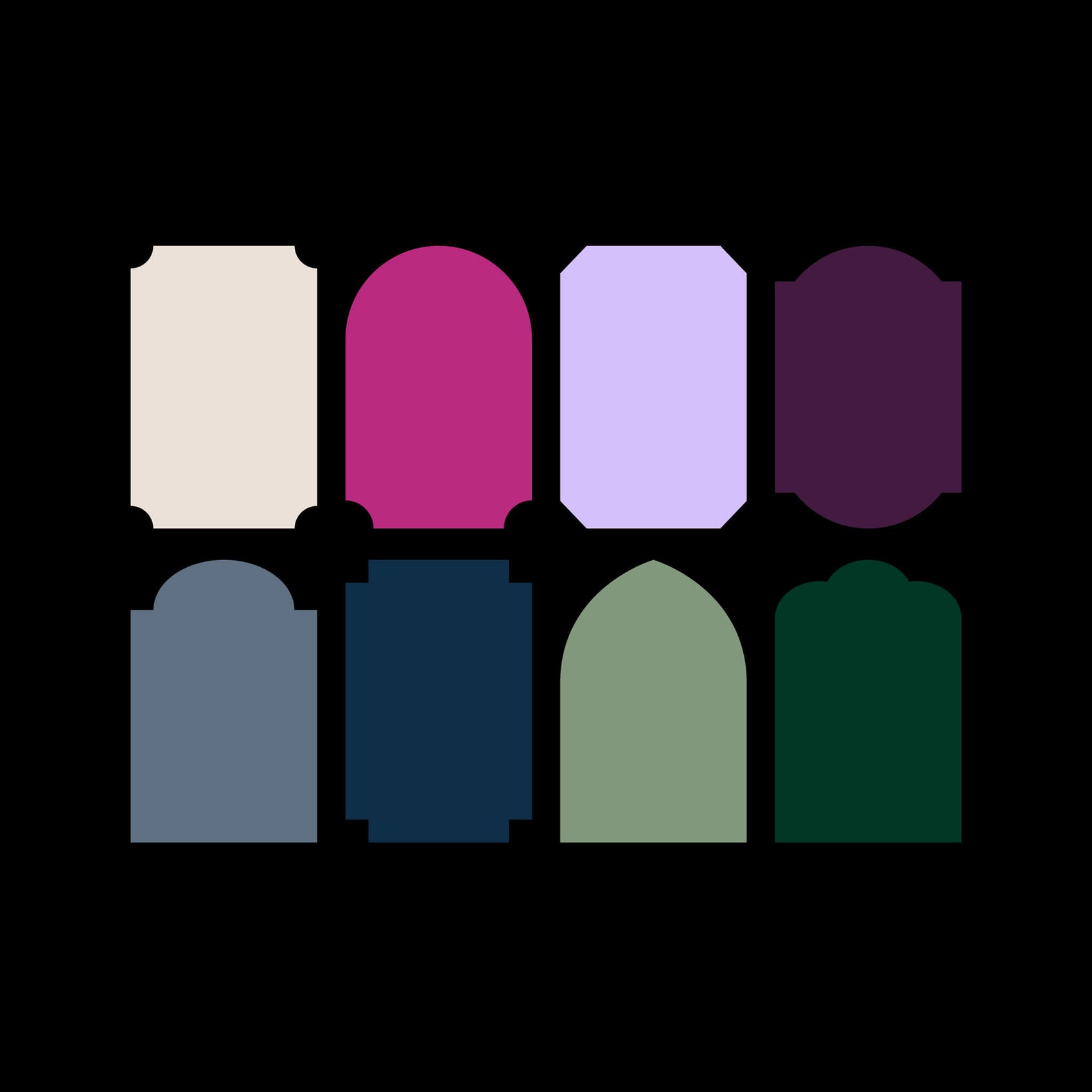 Fashion designer rebranding case study image of The Bad Button brand colours appearing on a black background. The rich jewel tones are contained in the brand’s arch supporting graphics. 