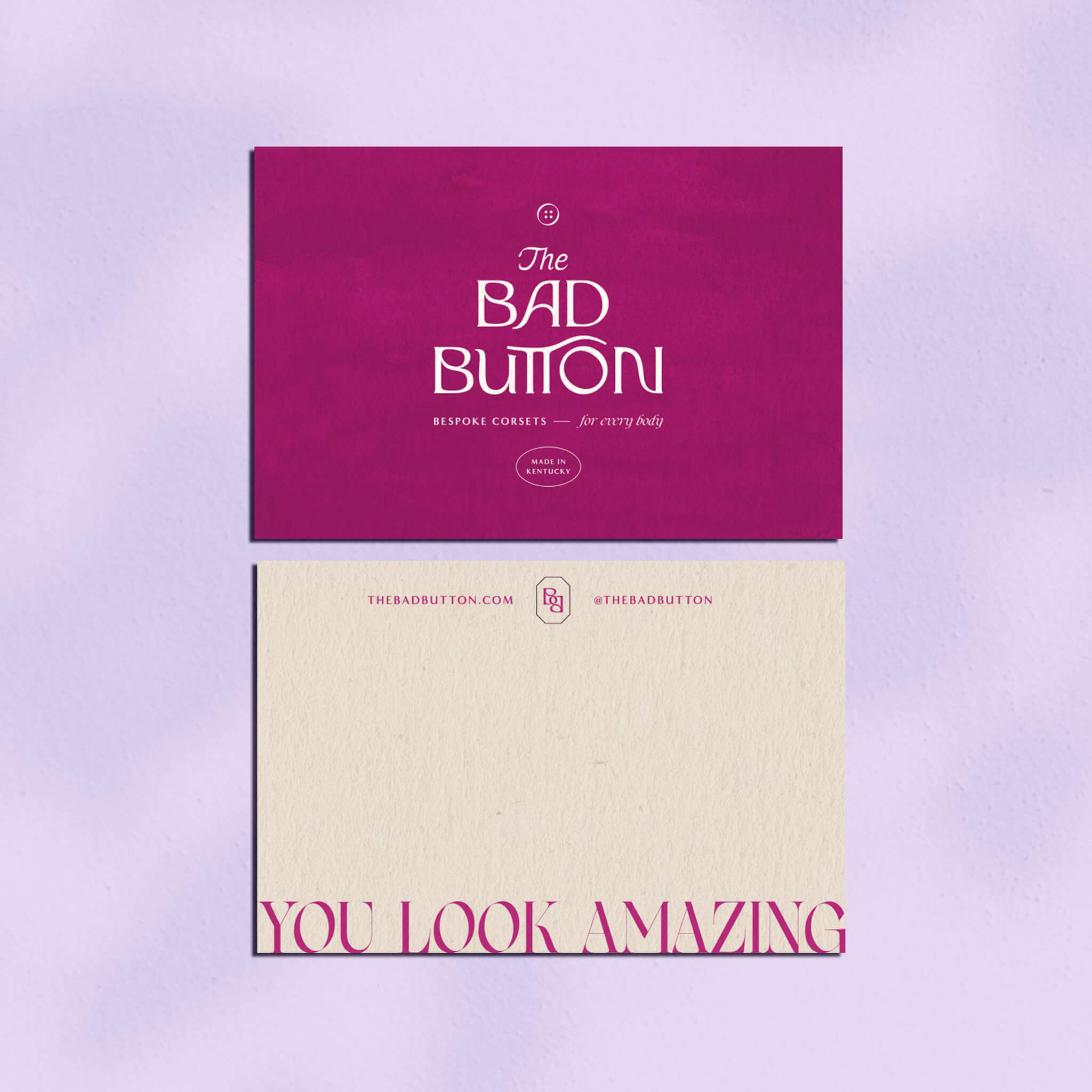 Brand Designer Portfolio image of The Bad Button’s bright pink thank you card on a light purple background. The front features the full brand logo while the bad features room for a message and the phrase ‘You look amazing’.