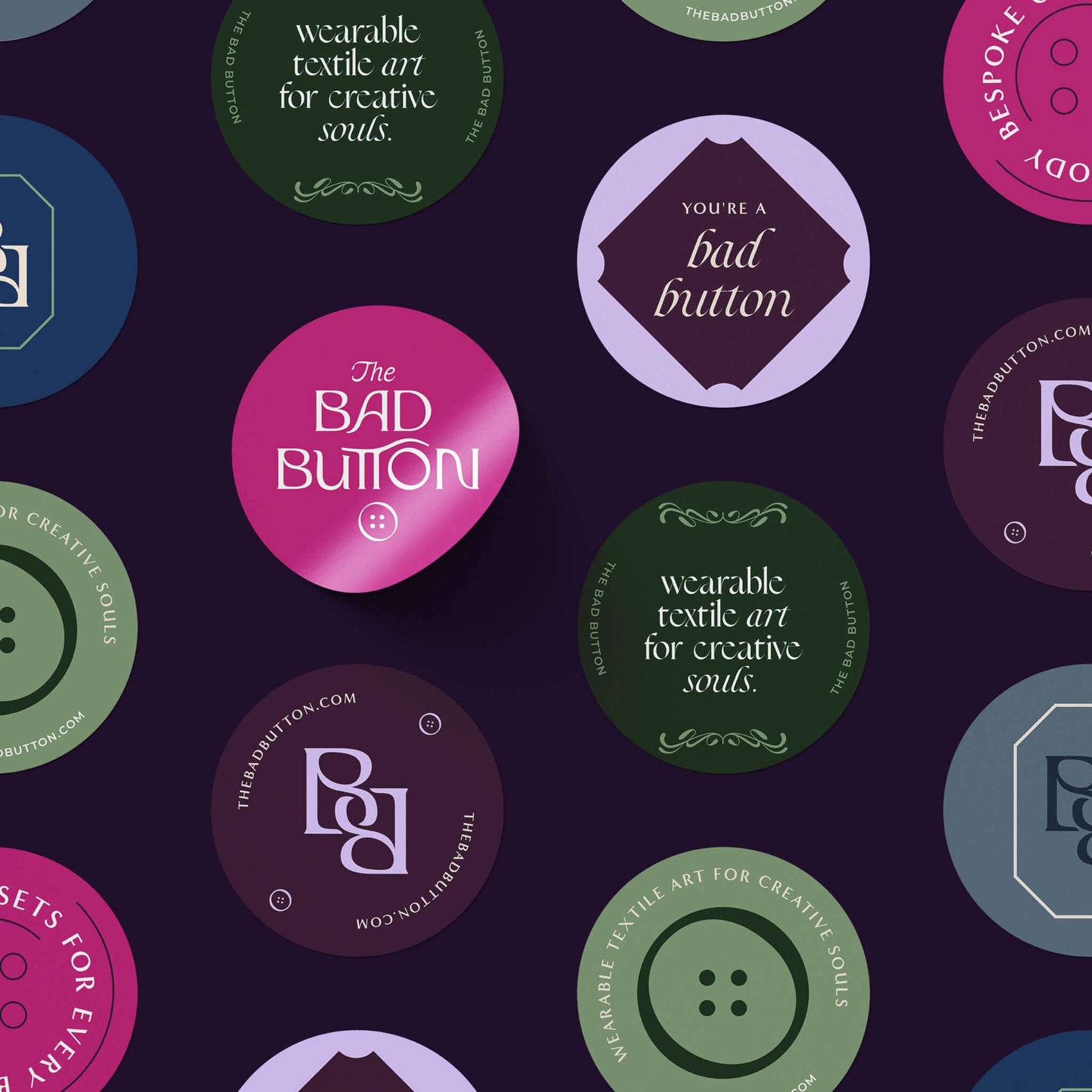 Sewist brand design portfolio image of The Bad Button’s range of sticker designs on a black background. The imagery showcases the art nouveau brand design inspiration and rich jewel tone colours. 