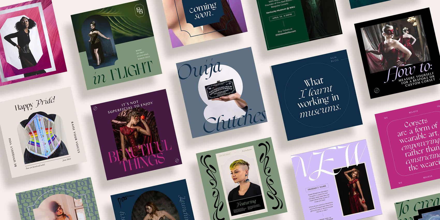 Fashion label brand identity case study image of The Bad Button’s social media templates. The imagery shows the elegant typography, lush jewel toned palette as well as the custom art nouveau illustration assets.