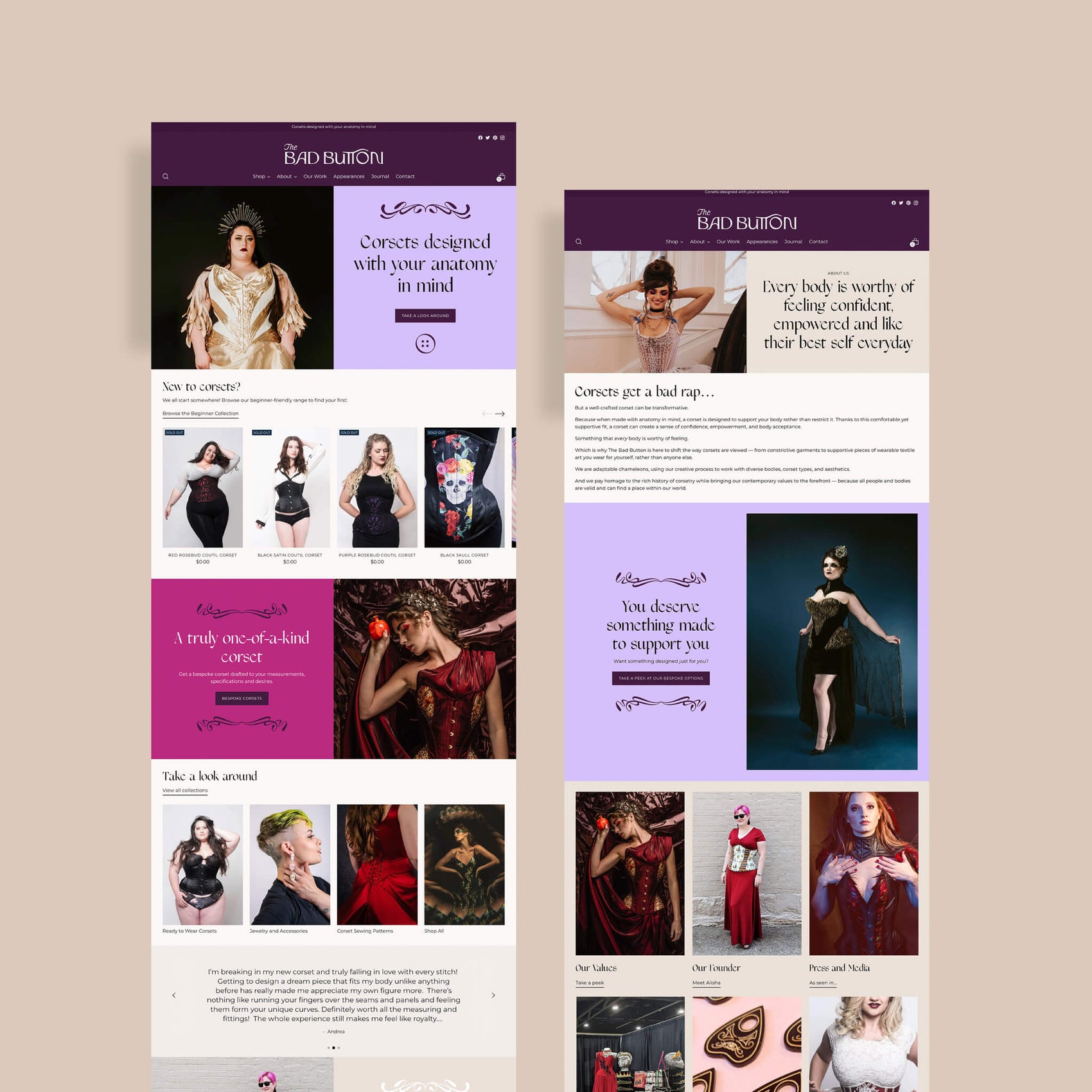 Fashion label brand identity case study image of The Bad Button’s homepage of their Shopify website. The layout features many sections and showcases the bright brand colours and consistent photographic style. 