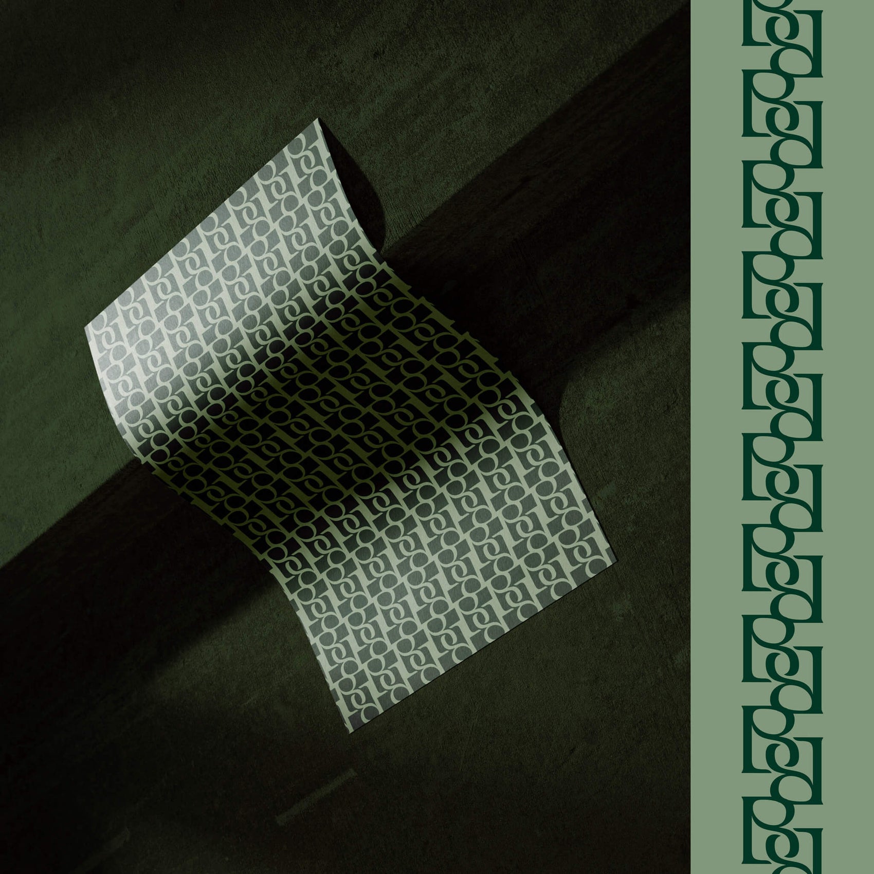 Fashion Rebranding case study image of one of the new The Bad Button brand patterns. The brand icon of interlocking ‘B’s is combined into an intricate pattern reminiscent of a wrought iron gate, the deep green and mint making for a subtle combination.