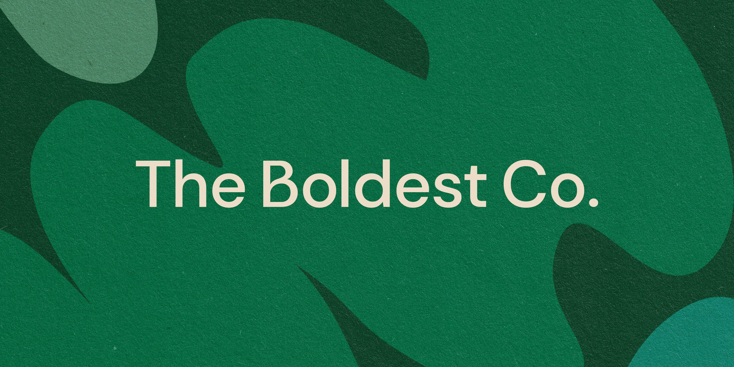 Skincare branding case studies image shows the The Boldest Co logo set on a green blob pattern background. The logo is a clean sans serif and features a slightly curvy ‘B’.