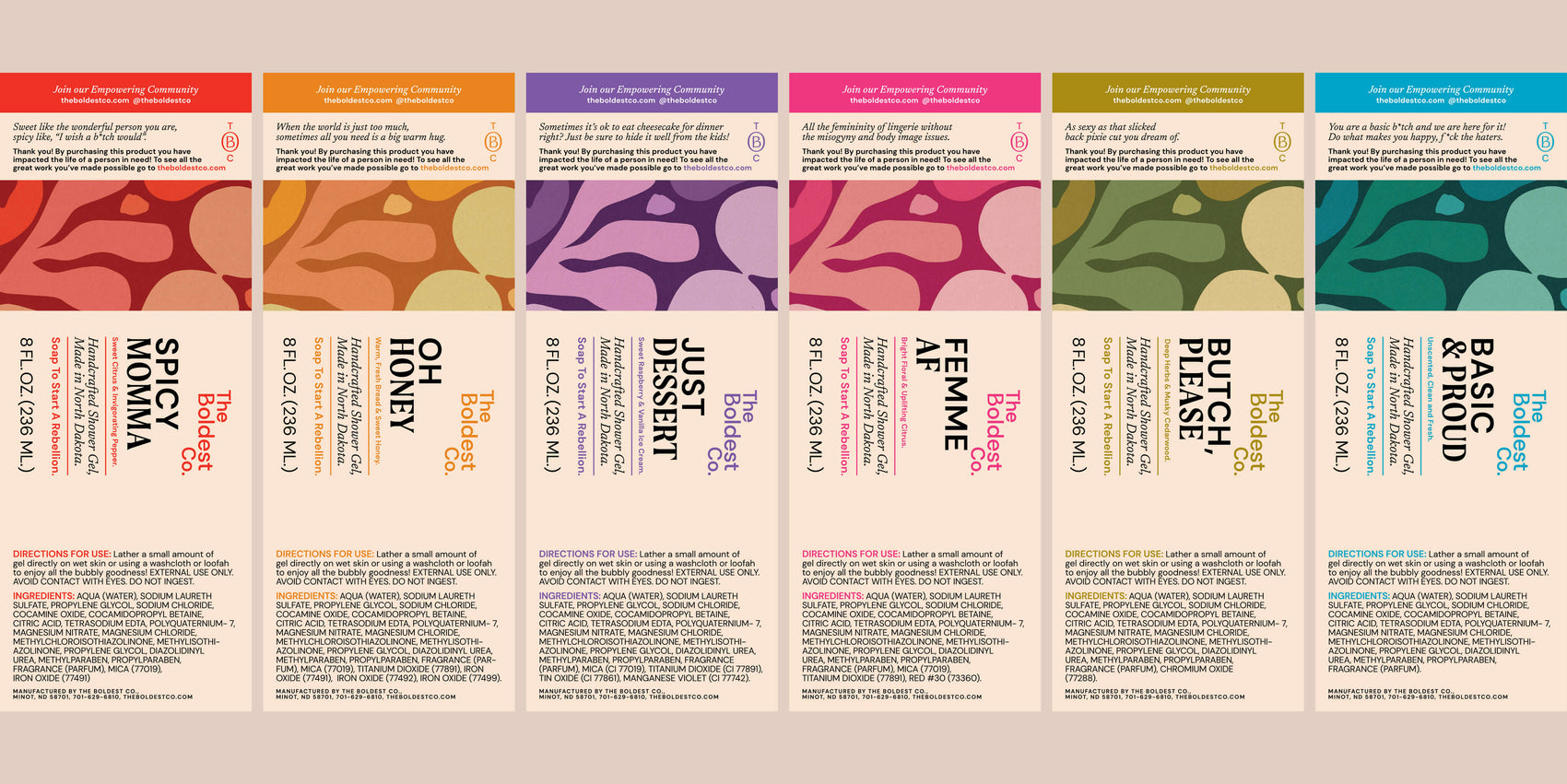 A personal care branding case study image of all the rainbow labels of The Boldest Co. Each label features a colour linked to the scent family of the product with blobby vintage-inspired patterns creating interest and balance. 
