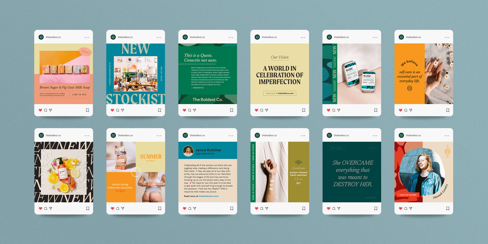 Brand identity case study image of The Boldest Co’s social media templates. The imagery shows the bright brand colours, decorative style typography and bright brand photography. 