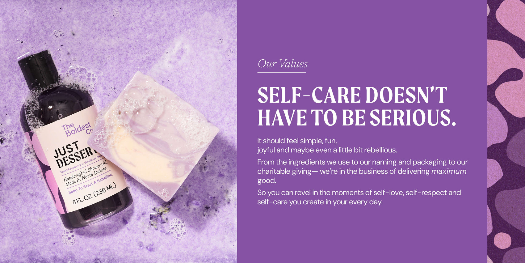 A Brand design portfolio mockup that shows a The Boldest Co brand photography alongside a typersetting example. The product range featured is the ‘Just Dessert’ line so all of the lock-up utilises the scent’s bright purple colour. 