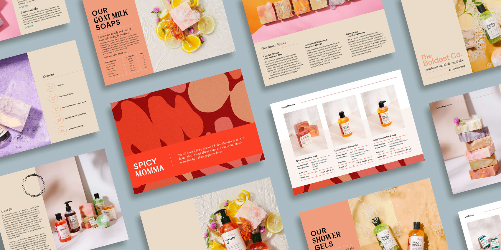 Brand identity case study image of The Boldest Co’s wholesale PDF document. The pages showcase the brand’s unique patterns, brand photography and lays out product information in a clean and easy to ready way.