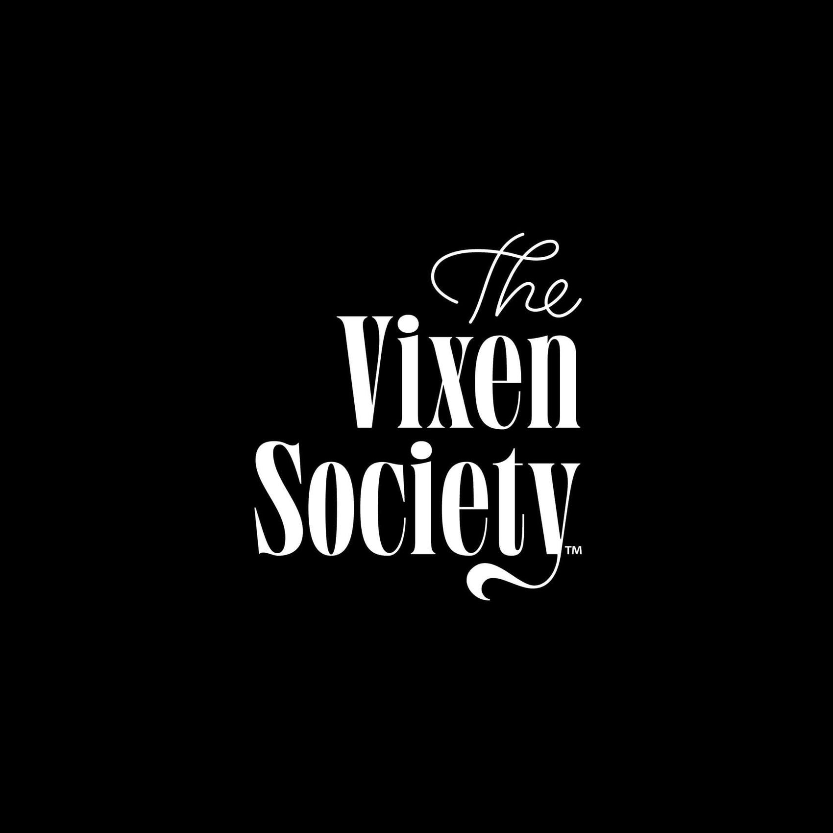 Photographer branding case study image of The Vixen society logo on a black background. On a black background sits The Vixen Society logo in clean white- a thin monoline cursive 'the' sits aside a lower-case condensed serif with a swooping 'y'.