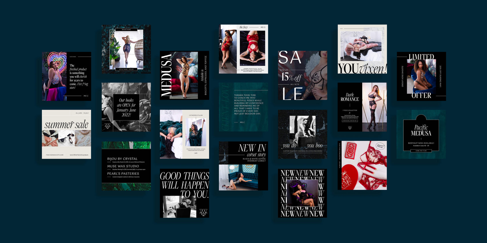 Photographer brand designer portfolio image of The Vixen Society custom social media template designs. Featuring sharp serif typography and the beautiful brand photography, the graphics are clean, cool and minimal. 