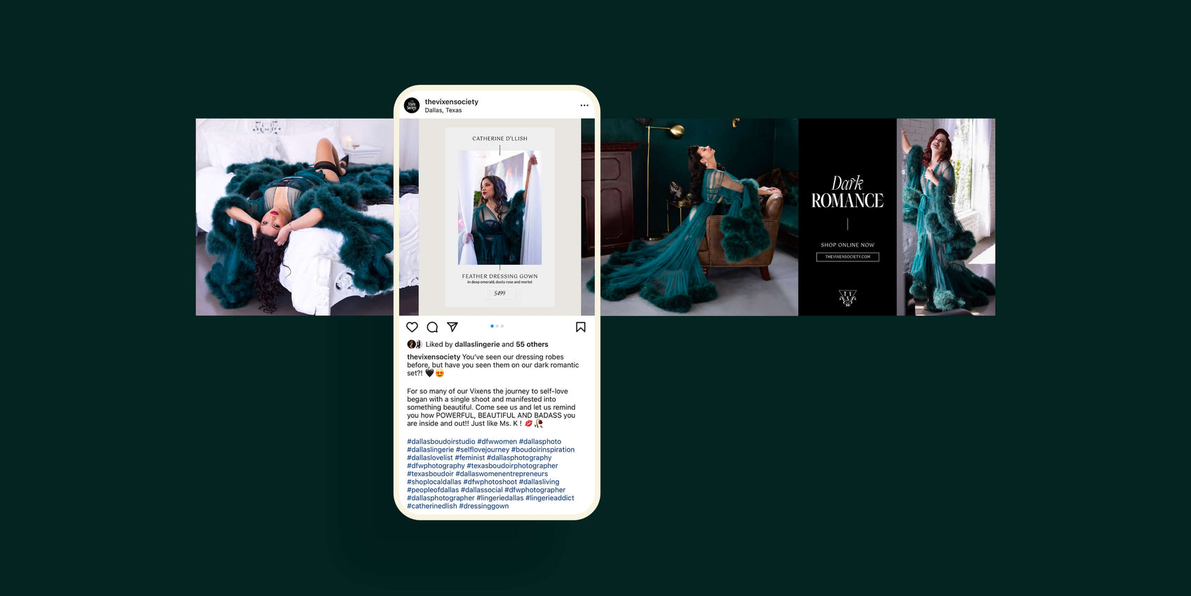 Photographer brand designer portfolio image of photographer rebrand The Vixen Society’s carousel social media design. Over four slides the image showcase boudoir imagery as well as information on the clothing being worn. 