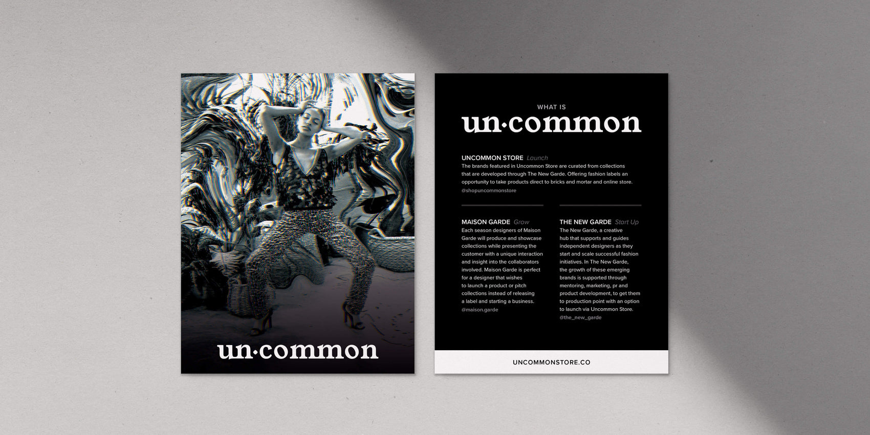 An image of the fashion label rebranding case study of Uncommon Store showing an information card that accompanies orders. The front shows a glitch effect campaign image of a model while the back is black with white detailing. 