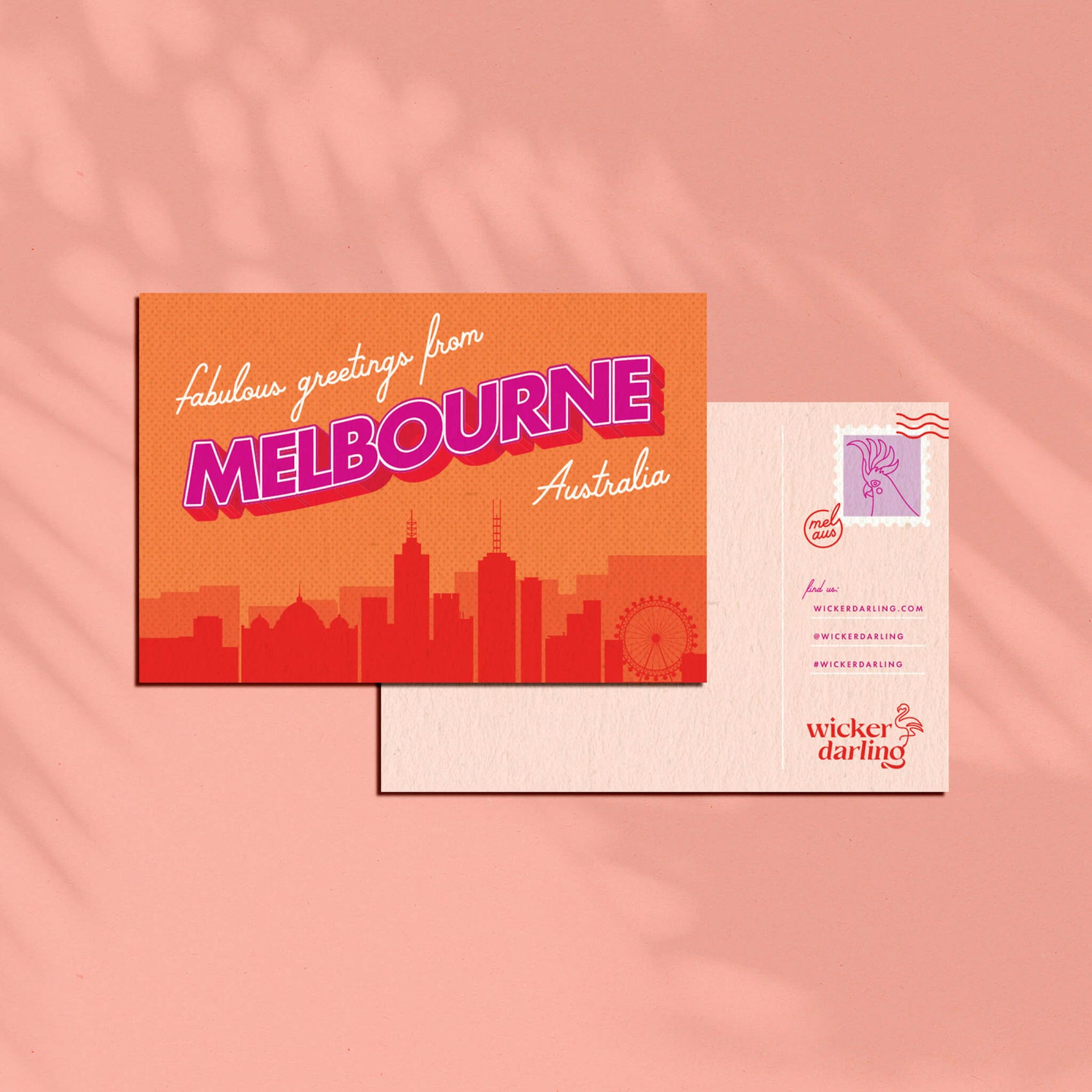 Brand designer portfolio example of the Wicker Darling custom thank you card design. The front of the card is inspired by a vintage postcard with the phrase ‘greeting from fabulous Melbourne’ alongside an orange illustration. 