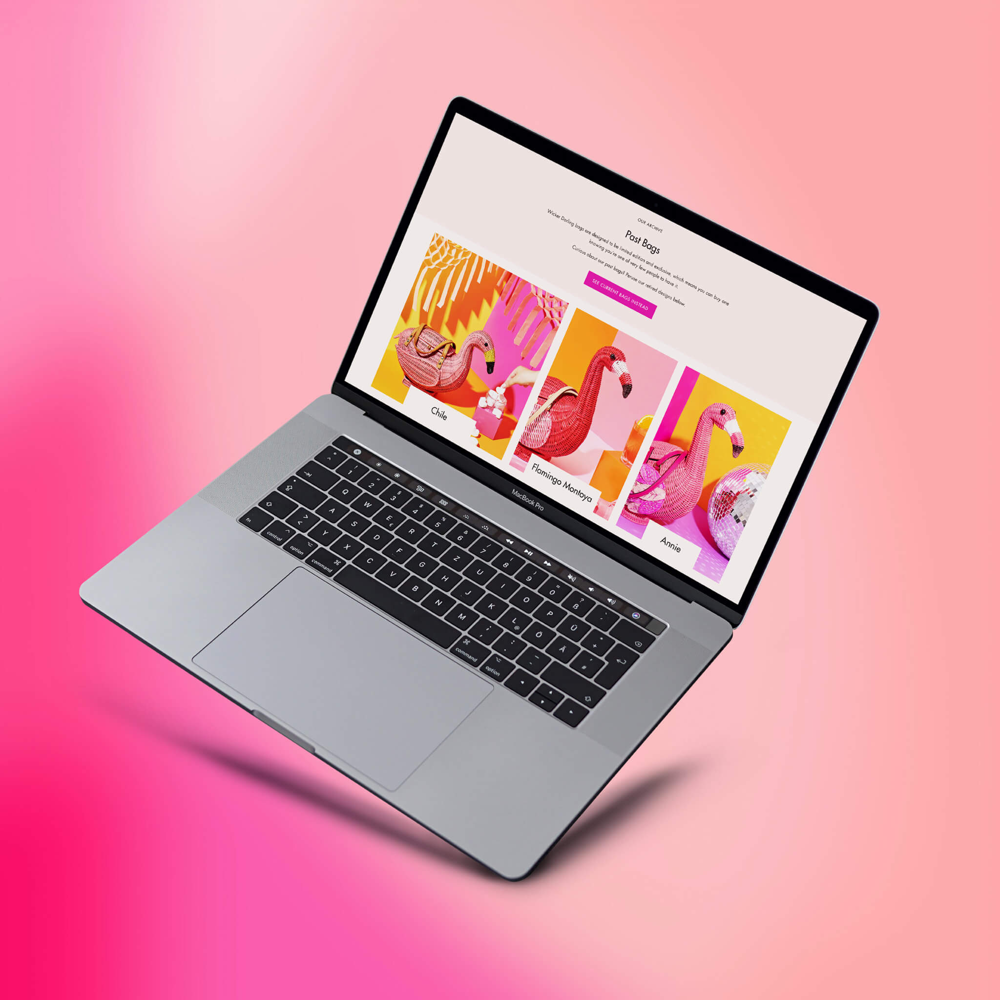 Branding case studies image of a laptop in a pink gradient scene showcasing the Wicker Darling custom Shopify design. The view is of the past bags page, brand aligned photography and minimal typography making for a timeless look.