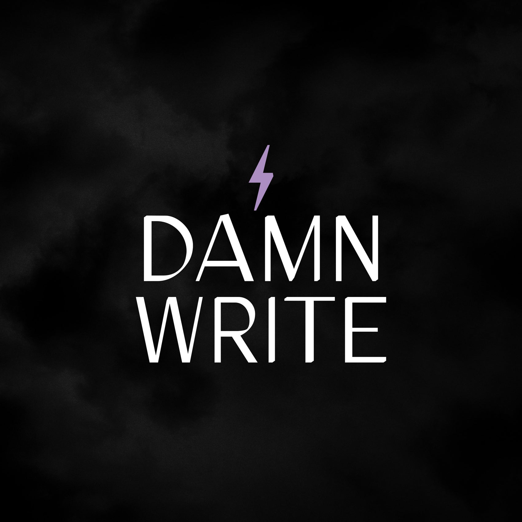 Thumbnail for the rebranding case study of copywriter Damn Write. The sophisticated sans serif logo sits on a black background, a small purple lightning bolt in between the words. 