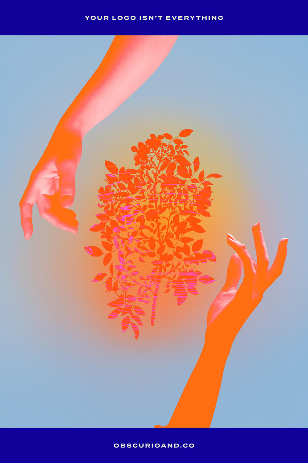 A pinterest graphic for the blog article 'your logo isn't everything' featuring a collage of two orange hands reaching out to a bright orange plant on a blue background.