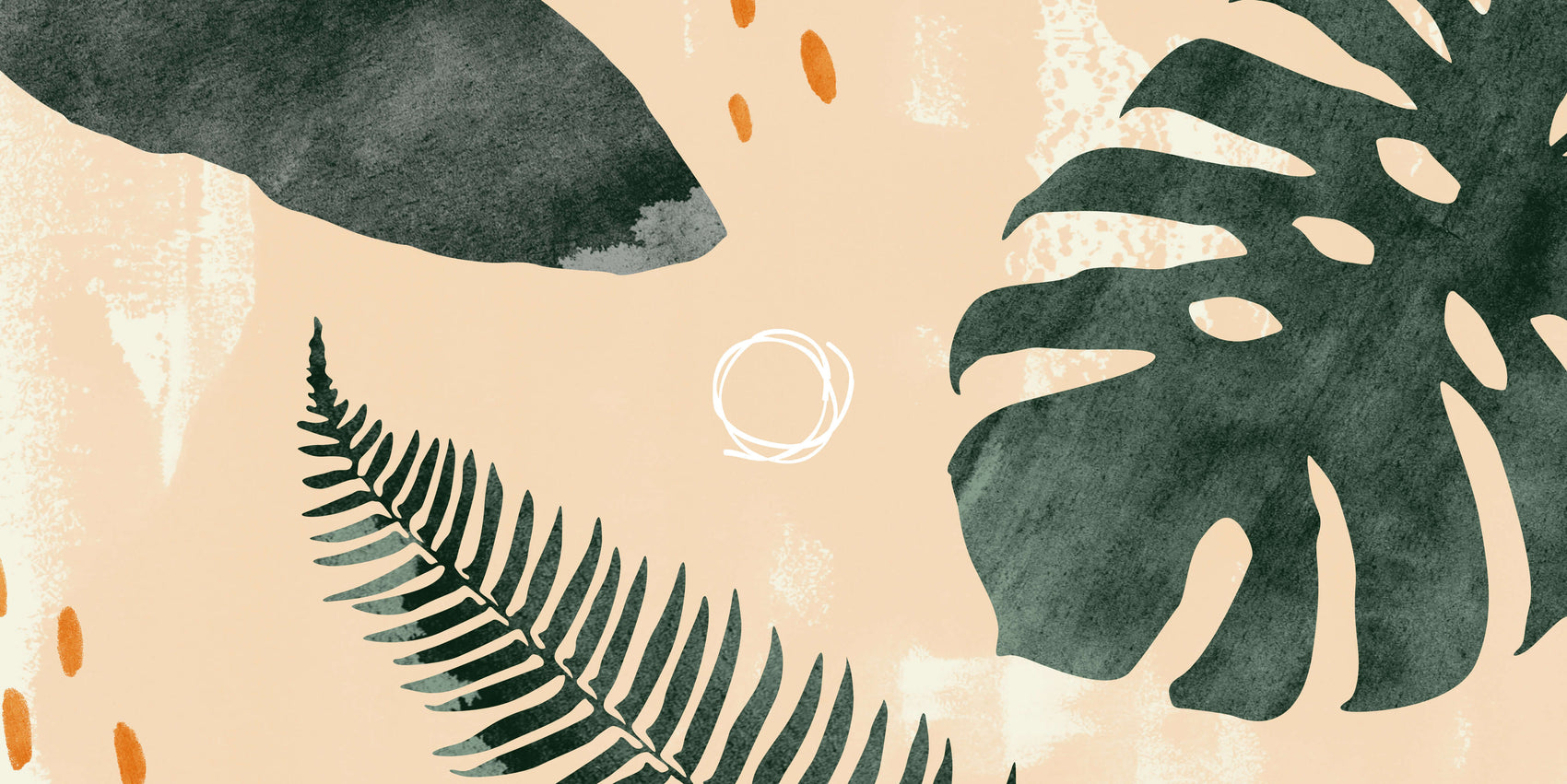 Sustainable branding case study for sustainable retailer Biome. On a cream textured background sits the circular Biome brand icon alongside textured leaves. 