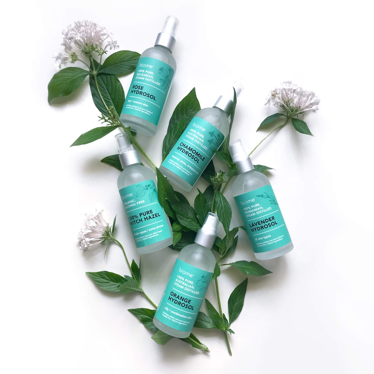 Skincare branding case studies image shows the Biome hydrosols sitting amongst flowers and leaves. 