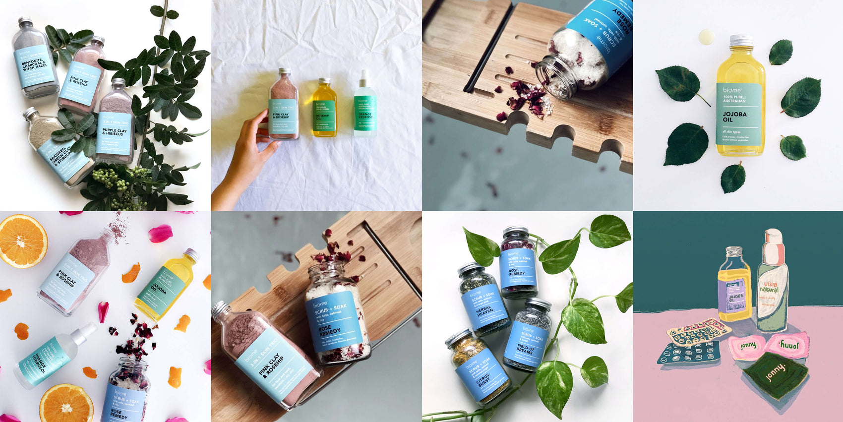 Skincare branding case studies image shows the Biome natural sustainable skincare range. Across 8 images, various customer user generated content is shown of the bath products in use and styled into flatlays. 