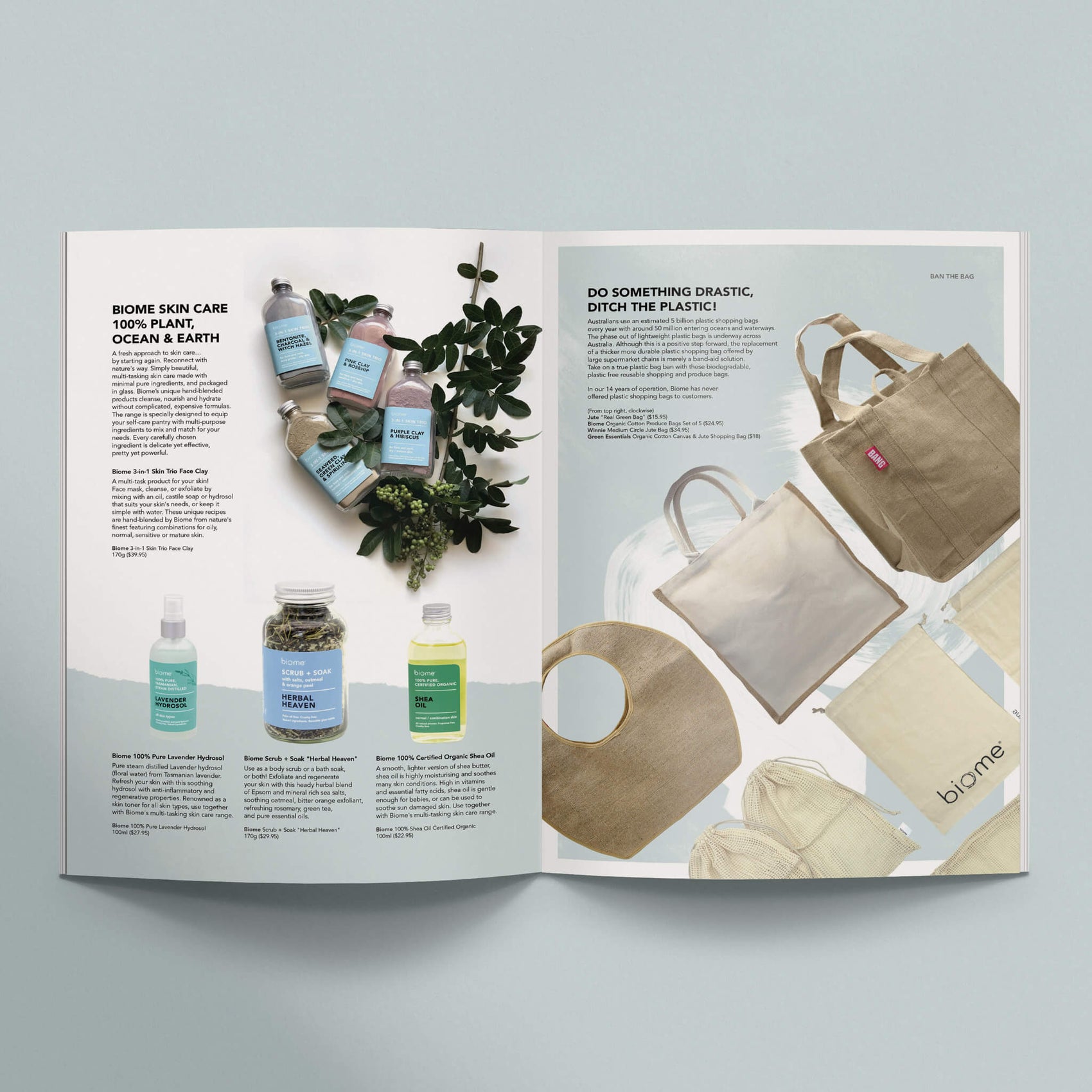 Eco retailer case study image of sustainable retailer Biome. On a blue background sits The Whole Story magazine- a spread showing skincare and a selection of reusable bags