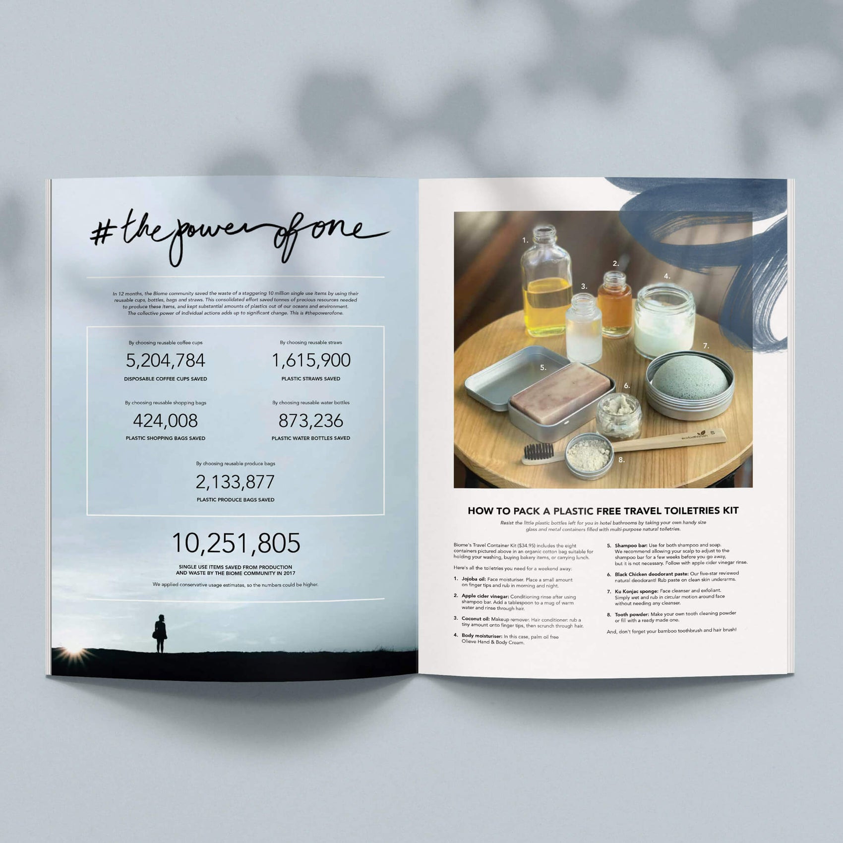 Eco retailer case study image of sustainable retailer Biome. On a blue background sits The Whole Story magazine- spread of statistics and an article about plastic free tool kit. 