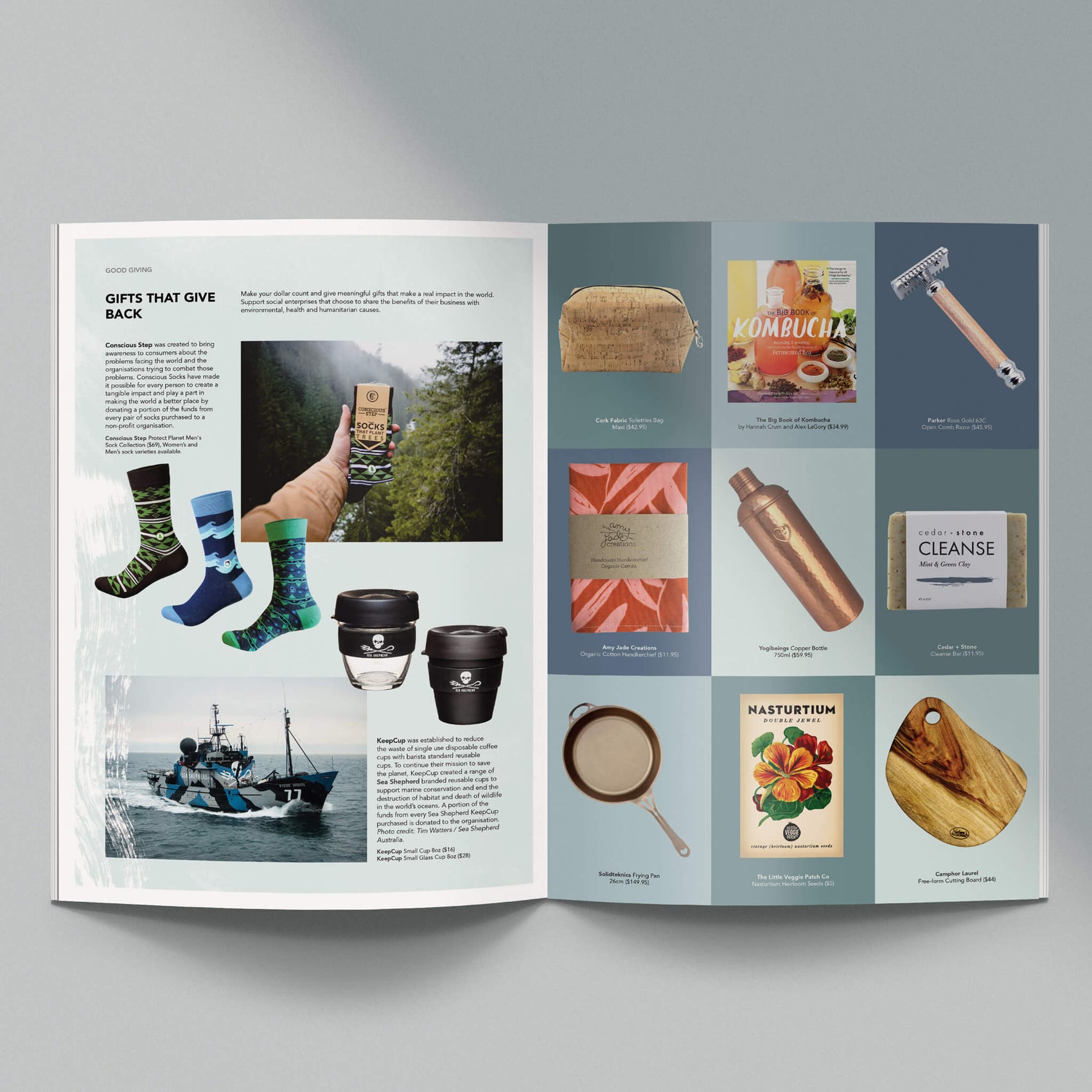 Eco retailer case study image of sustainable retailer Biome. On a blue background sits The Whole Story magazine- a spread of eco-friendly gifts including socks, keep cups,, soap and razor. 