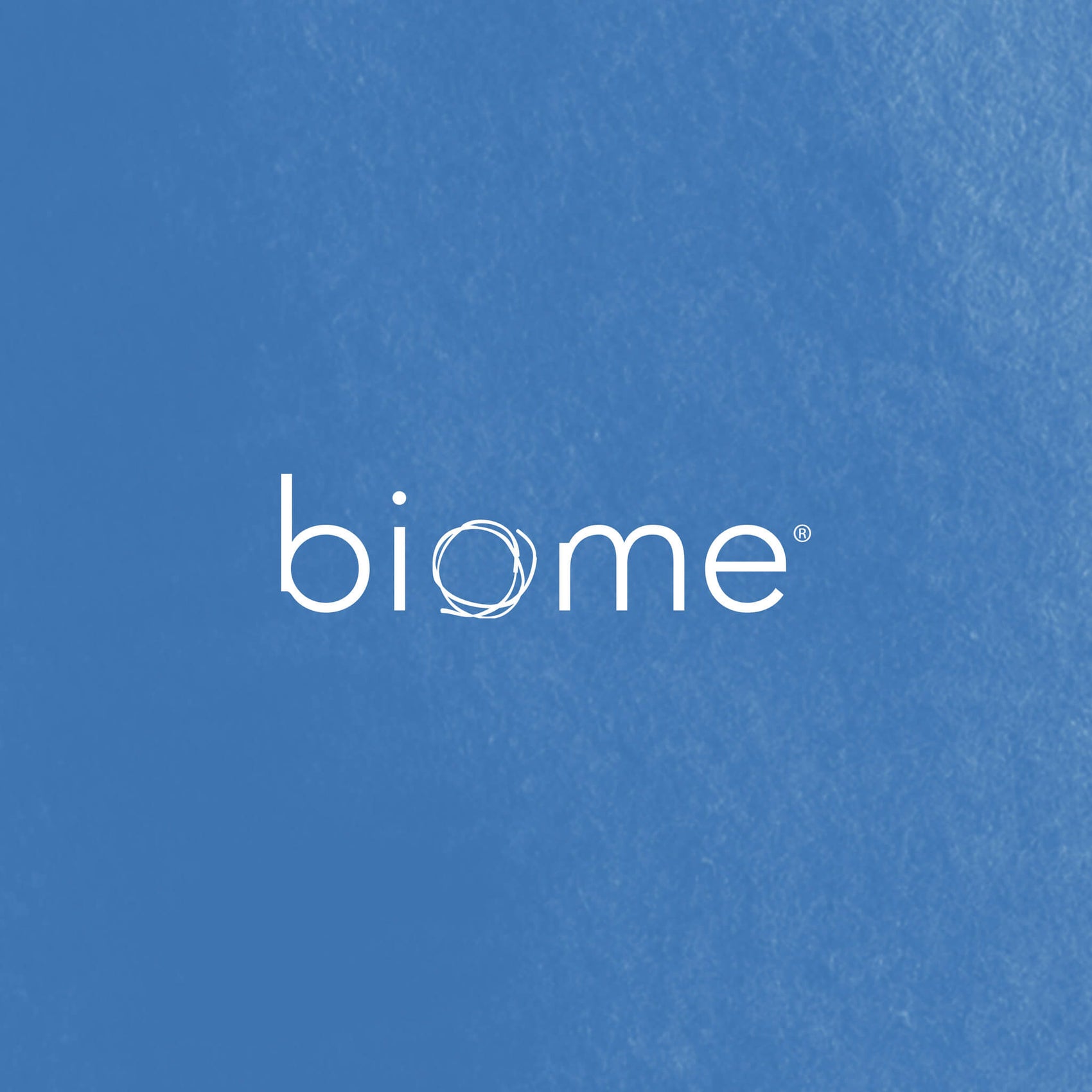 Sustainable retailer logo design for ethical store Biome. On a textured blue background sits the white biome logo, the ‘o’ of the logotype a circular line image. 