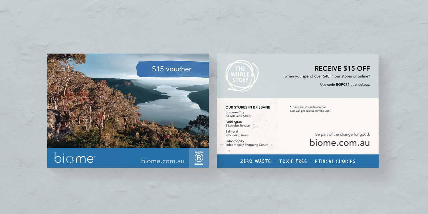 Sustainable branding case study for sustainable retailer Biome showing the back and front view of thank you cards that were provided instore and online.