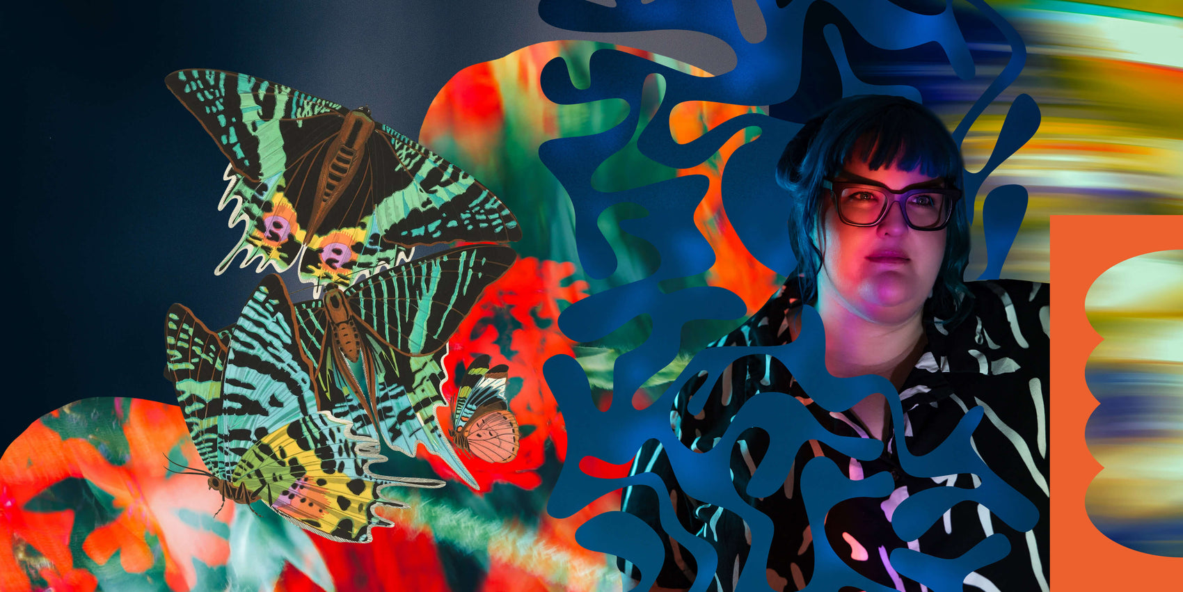 Blog artwork for the article "My Business Journey". A very colourful image has bright blue and red collage elements, green butterflies and the designer with a textured packground.