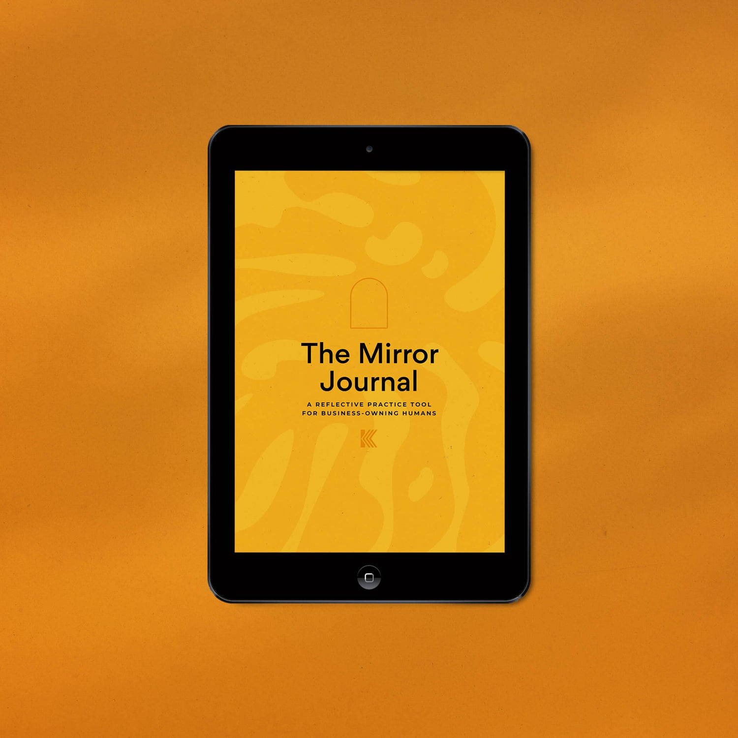 View of ipad with front cover of The Mirror Journal by Kirsty Fanton. The cover is bright yellow with a subtle leaf element