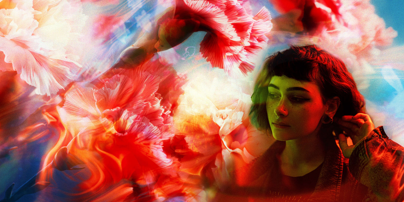 Blog artwork for article "My best Free Stock Photo Resources". The image shows a blury, swirly abstract flower background with a woman with short hair in red/ green lighting in the front.