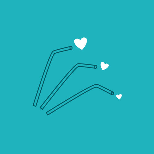 Sustainable retailer branding design case study image for ethical store Biome. On a teal background, a line illustration of a reusable straws shows white hearts appearing. 